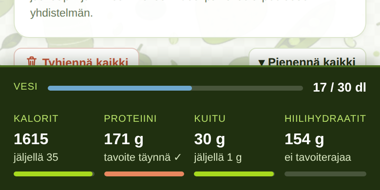 Päivän saldopalkki: kalorit, proteiini, kuitu, hiilihydraatit ja vesi reaaliajassa