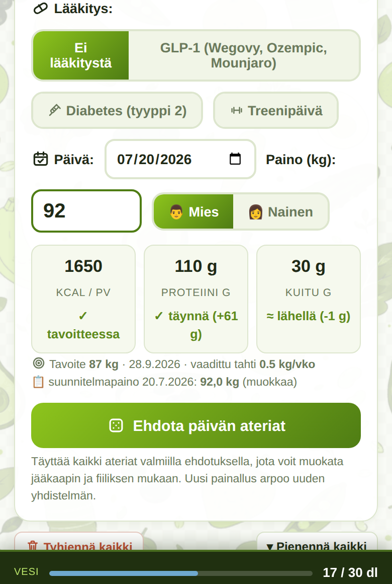 Painotavoite ja ruokavaliosuunnitelma: suunnitelmapaino ja elävä toteumaennuste way2eat-sovelluksessa