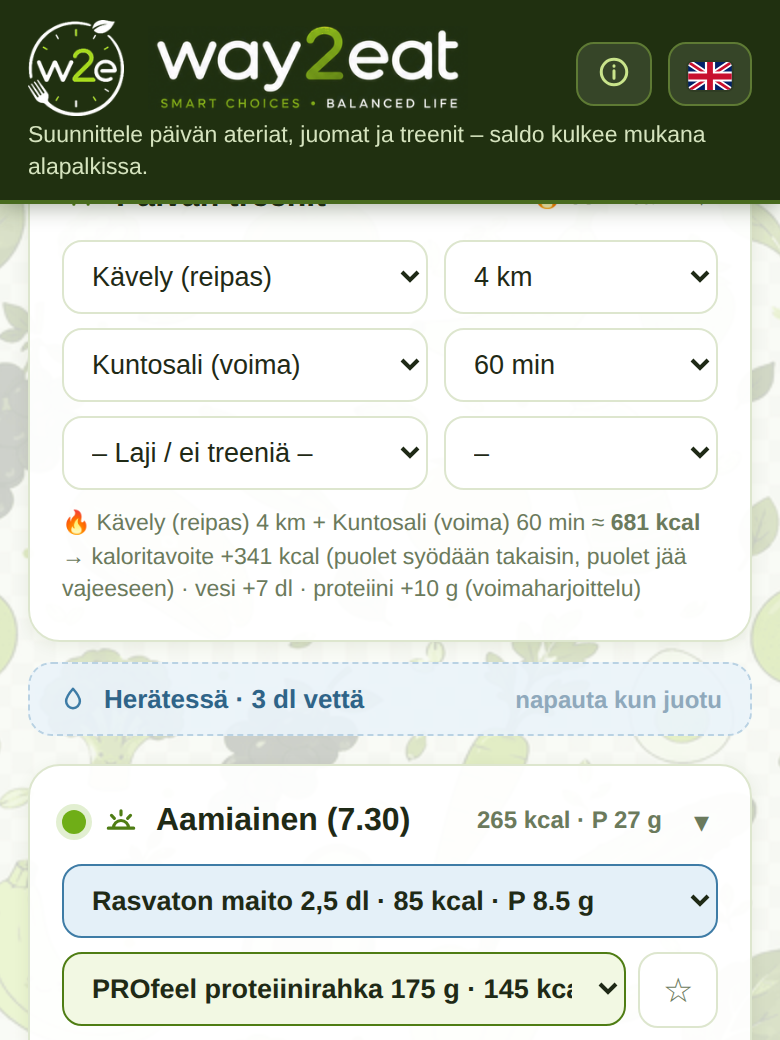 Treenien kirjaus way2eat-sovelluksessa: kävely ja kuntosali vaikutuksineen kaloreihin, veteen ja proteiiniin